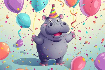 Wall Mural - Children's birthday concept. A cute hippo with confetti and colorful balloons.