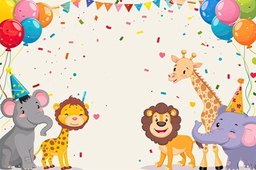 Wall Mural - Cute children's birthday card in cartoon style with different animals.