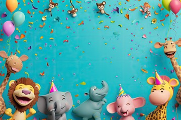 Wall Mural - Cute children's birthday card in cartoon style with different animals.