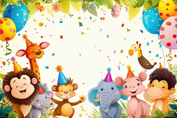 Wall Mural - Cute children's birthday card in cartoon style with different animals.