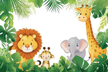 Wall Mural - Jungle wallpaper in cute cartoon style with animals. Empty space in the middle.