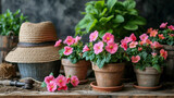 Fototapeta Morze - Blooms and Elegance: Three Pink Flower Pots with Straw Hat and Decor