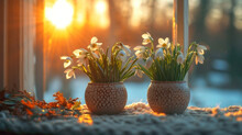 Snowdrop Serenity: Two Pots On The Window Bathed In Warm Sunlight