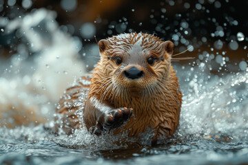 Poster - A playful otter sliding down a riverbank, capturing the delightful antics of these aquatic creatures. Concept of riverbank frolic. Generative Ai.