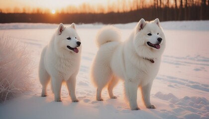  samoyed dog, dog at dawn, purebred dog in nature, happy dog, beautiful dog