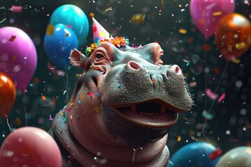 Wall Mural - A funny hippo with a birthday hat, confetti and colorful balloons.