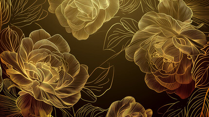 Luxury gold floral background vector. Roses and peonies flower line art wallpaper design for prints, golden gradient