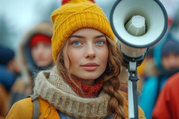 Wall Mural - A close-up of a determined young activist speaking passionately into a megaphone during a human rights demonstration. Concept of vocal advocacy for human rights. Generative Ai.