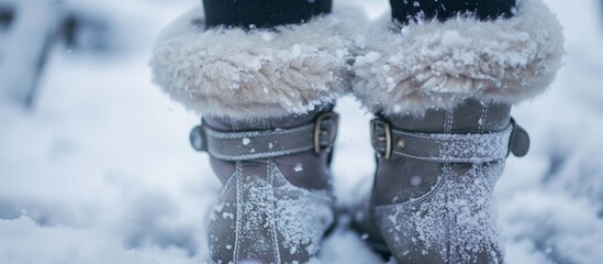 Wall Mural - A stylish pair of brown leather boots standing in the untouched snow on a cold winter day