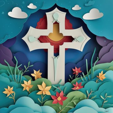 An Easter greeting card design. A cross in the middle of a field of flowers