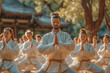 A shot of individuals practicing tai chi in a park, their faces hidden by the meditative focus on their movements. Concept of collective wellness in nature. Generative Ai.