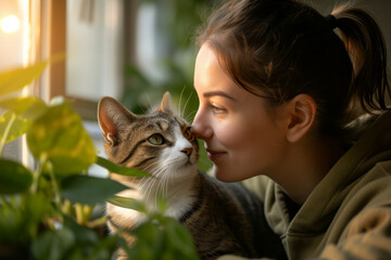 Tender bond between young woman and her cat