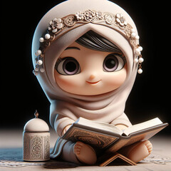 Cheerful 3D Cartoon Girl in Islamic Dress Reads Quran