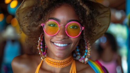 Wall Mural - mixed race woman with colored glasses, sunglasses