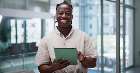 Poster - Smile, face and black man in office with tablet for small business, tech startup or online creative in workplace. Digital app, technology and happy consultant in lobby with schedule, agenda or career