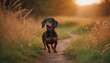 Dachshund dog, dog at dawn, purebred dog in nature, happy dog, beautiful dog