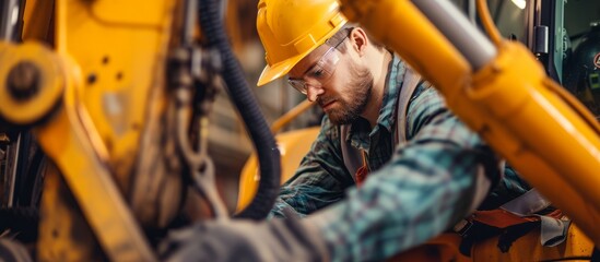 Professional engineering technician in hard hat operating heavy industrial machinery at construction site