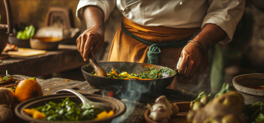 Aufkleber - A person wearing an apron prepares a delicious meal in an indoor kitchen, expertly mixing vegetables in a wok while a bowl of ingredients sits nearby
