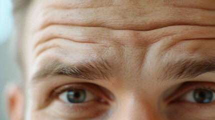 Poster - The weathered skin and deep wrinkles on the forehead of a man's face contrast with the striking detail of his piercing blue eyes and full, dark eyebrows, drawing the viewer in to study the intricacie