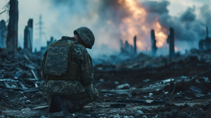 Prayer amidst devastation, soldier finds solace in the ruins of war