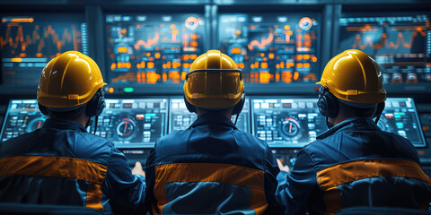 Three technicians in hard hats operate advanced control panels in a high-tech industrial facility monitoring room.