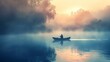 As the fog lifts and the sunrise paints the sky, a solitary figure navigates their boat through the serene mist-covered lake, surrounded by the tranquil beauty of nature