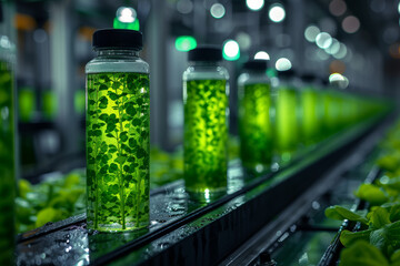 Sticker - Microalgae cultivation for biofuel production, showcasing sustainable solutions in biotechnology. Concept of renewable energy. Generative Ai.