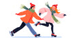 Flat illustration cute couple ice skating in winter clothes