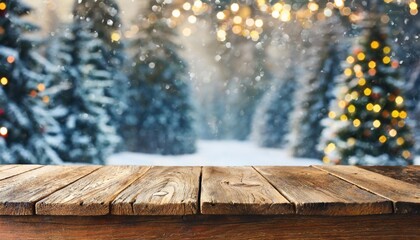 Wall Mural - empty wooden table in front of blurred winter festive background