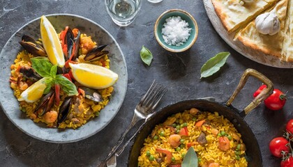 Sticker - plates with paella on the dark stone table with different accessories wide screen