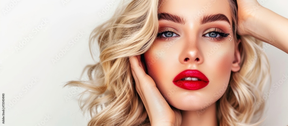 Beautiful young woman with blonde hair and bold red lipstick showcasing ...
