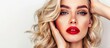 Beautiful young woman with blonde hair and bold red lipstick showcasing modern femininity and elegance