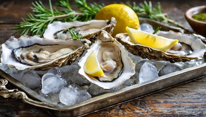 Sticker - fresh oysters with lemon on a tray with ice