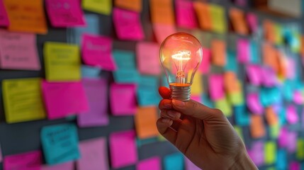 Strategy brainstorming business ideas for investment and business plan. glowing light bulb with futuristic graphic icon with sticky note background.