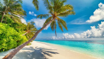 Wall Mural - fantastic sunny panorama at maldives luxury resort seascape majestic sea waves coconut palm trees sand sunshine sky beauty paradise beach popular destination best summer vacation travel background