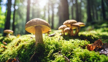 Wall Mural - mushrooms growing in the forest on mossy ground with sunlight