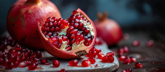 Canvas Print - Ripe pome split open with juicy pieces inside on white background, fresh fruit concept for healthy eating