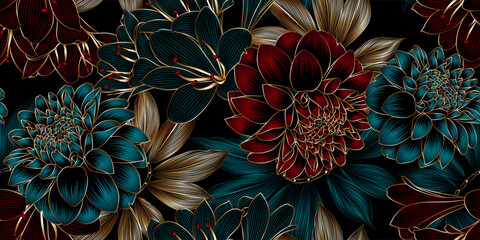 Wall Mural - Vintage luxurious seamless pattern with golden flowers dahlia and leaves.