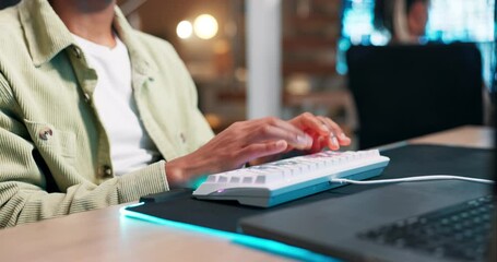 Poster - Hands, keyboard or coding with connection in office, productivity and programmer for gaming on neon mousepad. Person, working and writing futuristic technology for software and networking at night