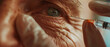 The closeup of an old person's eye reveals the delicate skin and wrinkled veins, with a needle nearby, hinting at the fragility of life and the passing of time