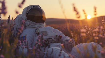 Poster - A lone astronaut stands amongst a vibrant field of flowers, gazing up at the fiery sun as it sets in the endless expanse of the open sky, their protective pressure suit a symbol of their courage and 