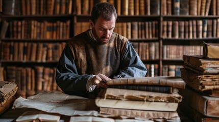 Poster - A man sits among the shelves of books, his human face hidden by the covers as he becomes one with the indoor world of knowledge and furniture