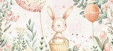 Fototapeta Dziecięca - Happy Easter postcard. Whimsical illustration of a cute bunny with angel wings sitting in a serene spring garden. Cute children decor.