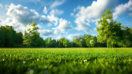 Wall Mural - Beautiful blurred background image of spring nature with a neatly trimmed lawn surrounded by trees against a blue sky with clouds on a bright sunny day.