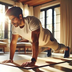 A focused man engaging in various mat exercises within the comfort of his own home, showcasing dedication to personal fitness.mat, trend, well-being, workout., stretching, motion, strengthening