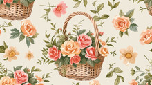 Vintage Cottagecore Basket Flowers Seamless.
