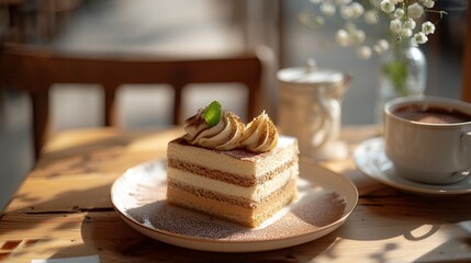 Wall Mural - A meticulously assembled tiramisu rests on the table, exuding the irresistible aroma of coffee and cocoa. Tiramisu with layers of mascarpone cream and biscuits soaked in coffee.