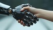 AI robot handshake a human hand. Digital and human interaction in the futuristic digital age of advanced robotics and technology. Science and artificial intelligence.
