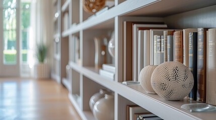 Canvas Print - A shelf with books and vases on it in a room, AI