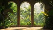 lush tropical vegetation visible through arched windows. Lighting and framing highlight the vibrant colors and textures of the foliage, adding depth and realism to the scene.
